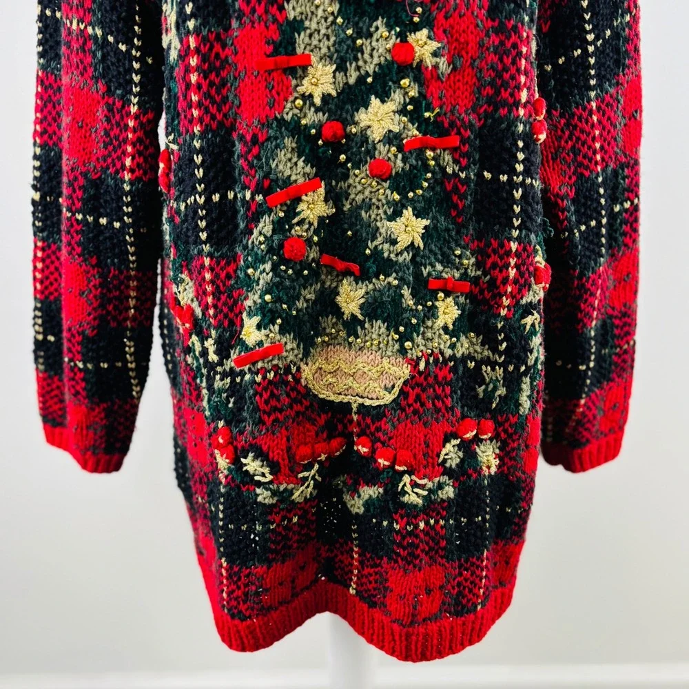 Vtg Handknit Metropolitan Red Plaid Christmas Tree Embellished Sweater Dress L